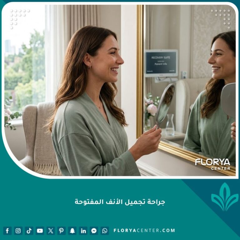 مريضة تنظر في المرآة بسعادة بعد نجاح جراحة تجميل الأنف المفتوحة للأنف المعقد.