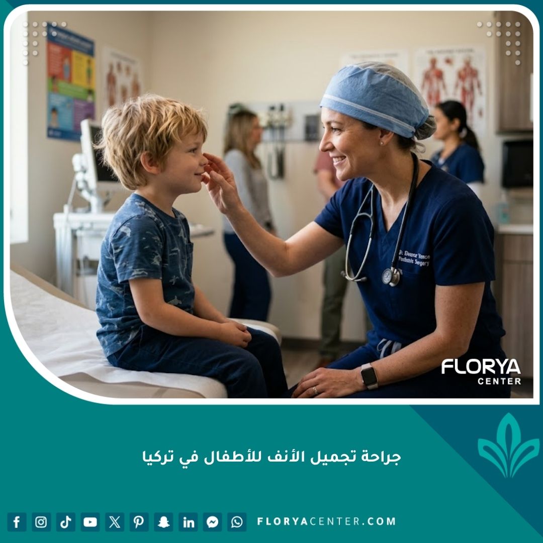 طبيب مختص يفحص طفل قبل إجراء جراحة تجميل الأنف للأطفال في تركيا لإصلاح التشوهات وعلاج صعوبات التنفس.