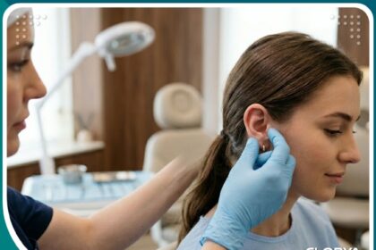 طبيب جراحة تجميل يفحص أذن مريض بدقة قبل إجراء جراحة ترميم الأذن المفقودة جزئياً جراحياً.