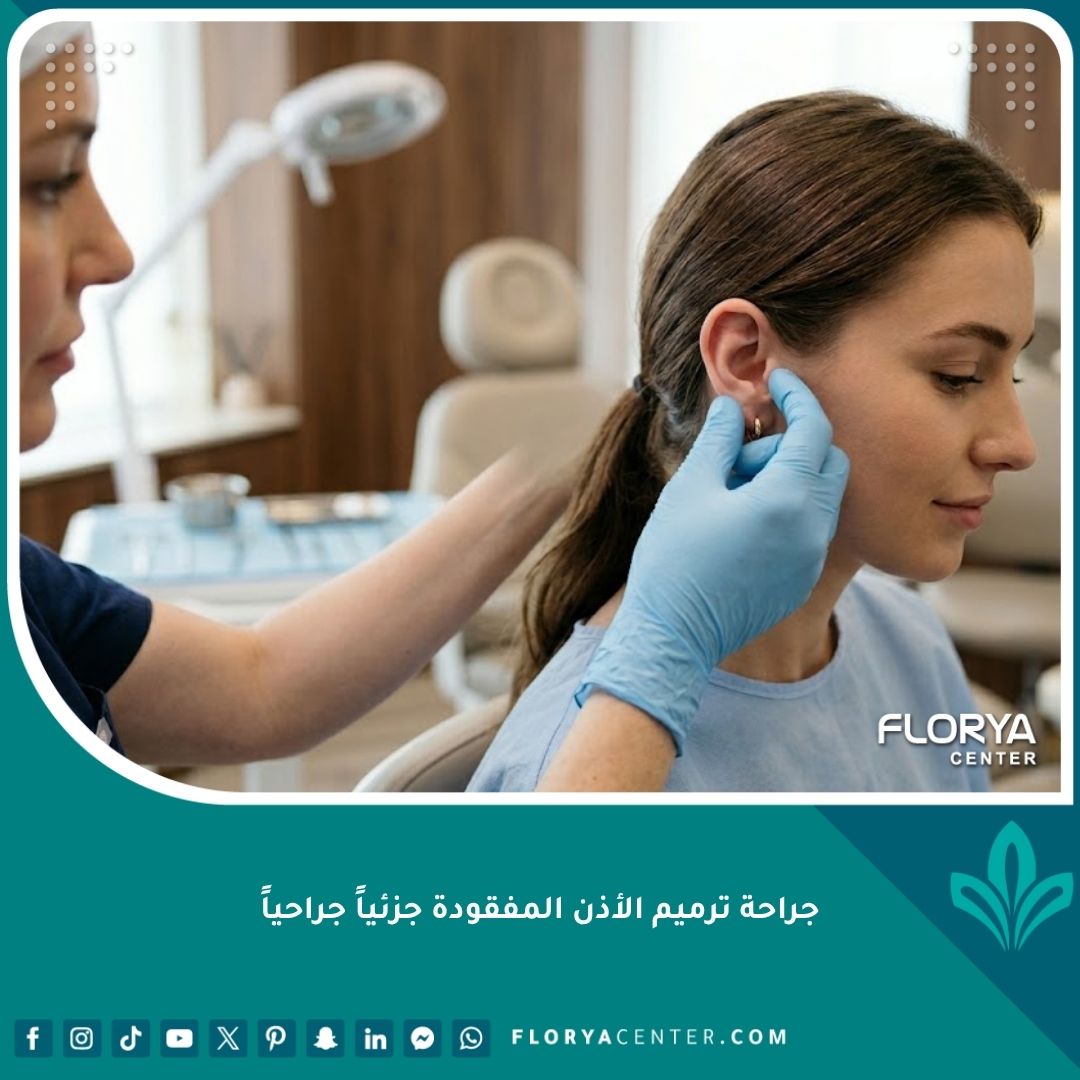 طبيب جراحة تجميل يفحص أذن مريض بدقة قبل إجراء جراحة ترميم الأذن المفقودة جزئياً جراحياً.