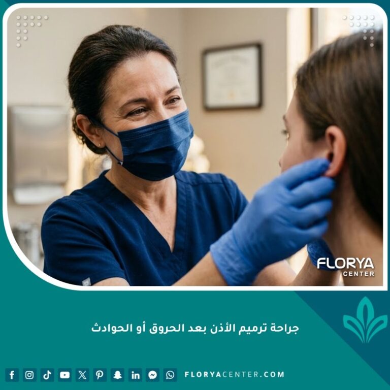 طبيب جراحة تجميلية خبير يفحص أذن مريض استعداداً لإجراء جراحة ترميم الأذن بعد الحروق في عيادة حديثة.