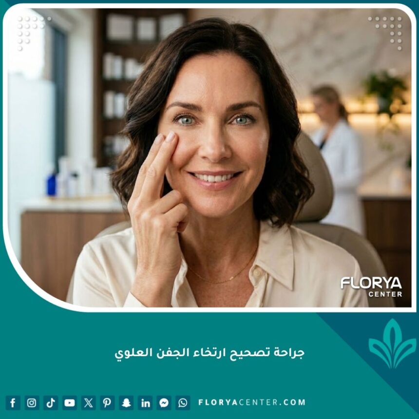 سيدة تتمتع بعينين شابتين ومظهر مشرق بعد الخضوع إلى جراحة تصحيح ارتخاء الجفن العلوي وعلاج تدلي الجفون.