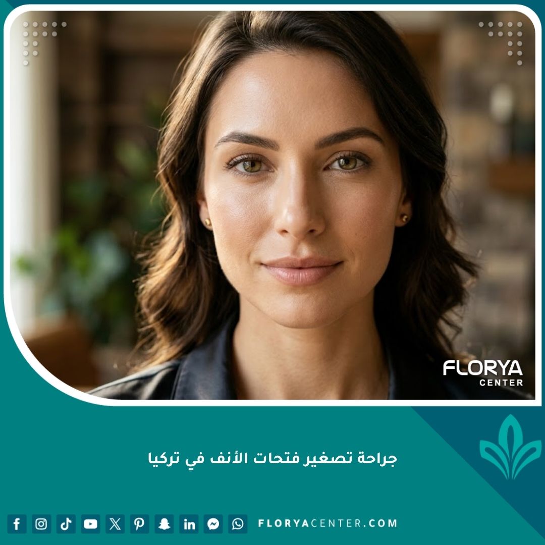 صورة مقربة لامرأة تتمتع بتناسق مثالي في ملامح الوجه بعد جراحة تصغير فتحات الأنف في تركيا.