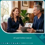 امرأة سعيدة تناقش تفاصيل حجز موعد استشارة تجميل أنف مع طبيب جراح مختص في عيادة فاخرة.