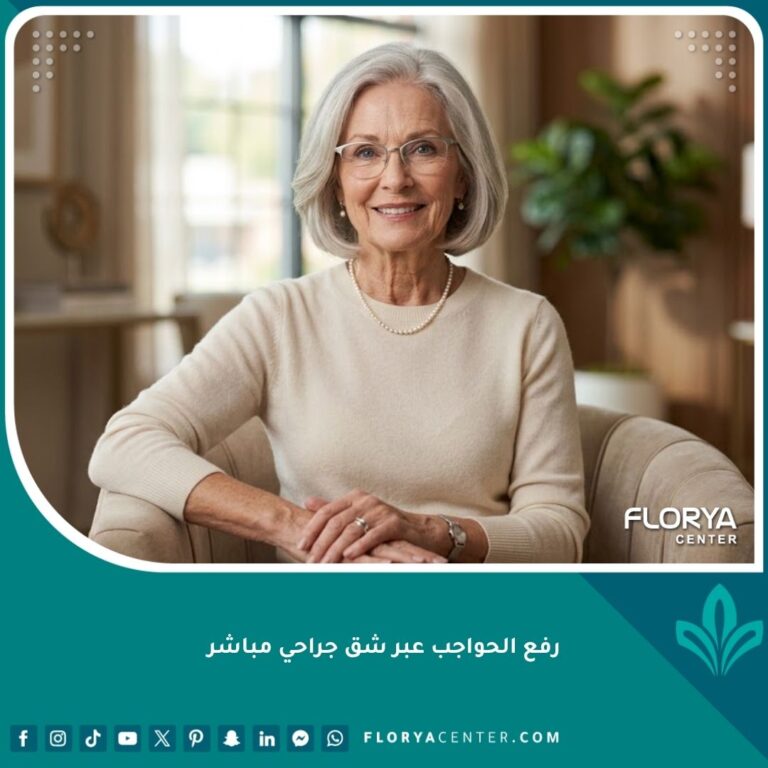 صورة عالية الدقة لنتائج عملية رفع الحواجب عبر شق جراحي مباشر للتخلص من الترهل الشديد واستعادة المظهر الطبيعي.