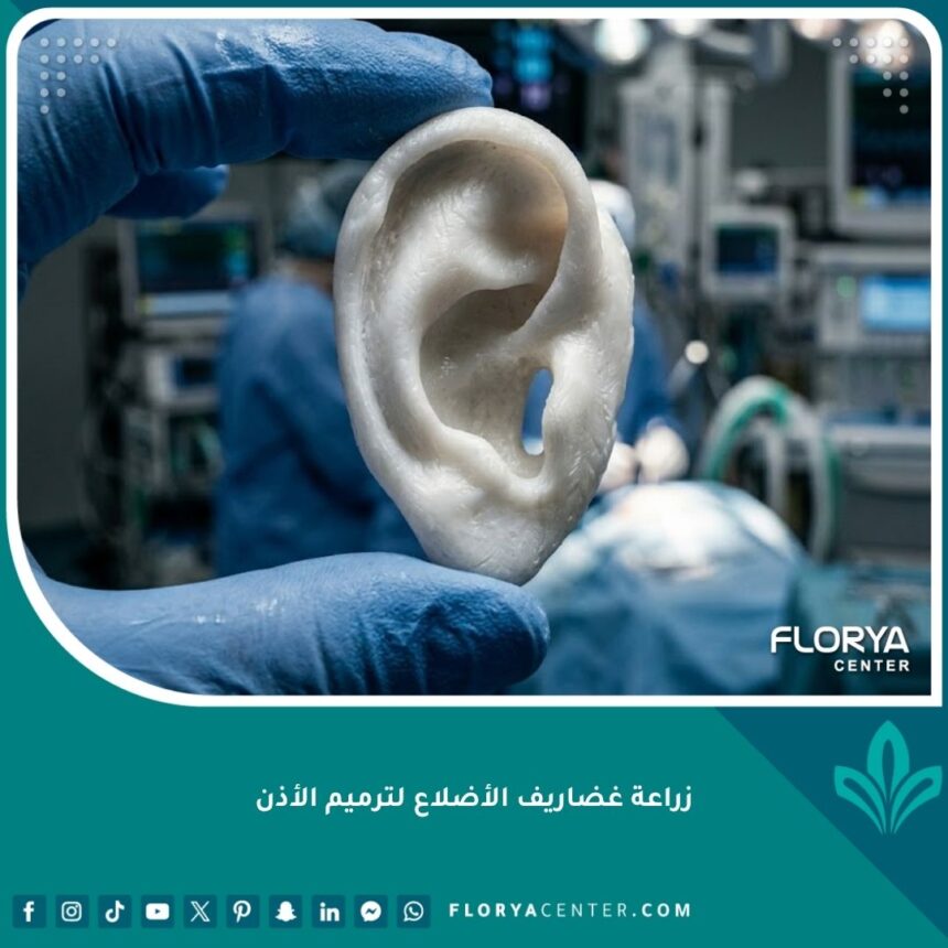 صورة مقربة ودقيقة لغضروف ضلع منحوت باحترافية على شكل أذن، استعداداً لعملية زراعة غضاريف الأضلاع لترميم الأذن وعلاج الميكروتيا.