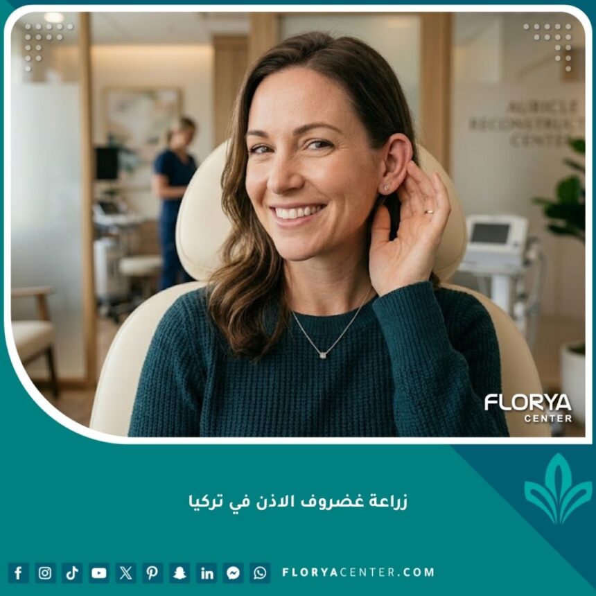 صورة واقعية عالية الدقة لمريض يعبر عن رضاه التام بعد نجاح عملية زراعة غضروف الأذن في تركيا، تبرز المظهر الطبيعي والجذاب للأذن.