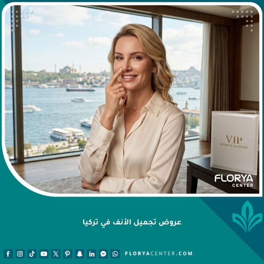 امرأة مبتسمة تتأمل نتائج عمليتها في فندق فاخر بإسطنبول، تمثل أفضل عروض تجميل الأنف في تركيا والباقات الشاملة.