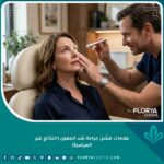 طبيب تجميل يفحص جفون مريضة قلقة للبحث عن علامات فشل جراحة شد الجفون والنتائج غير المرضية.