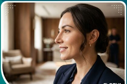 امرأة تتمتع بملامح متناسقة وأنف مثالي وطبيعي بعد نجاح عملية إعادة تجميل الأنف الترميمية.