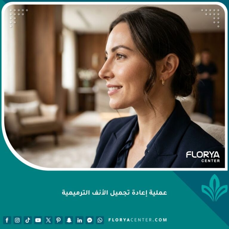 امرأة تتمتع بملامح متناسقة وأنف مثالي وطبيعي بعد نجاح عملية إعادة تجميل الأنف الترميمية.