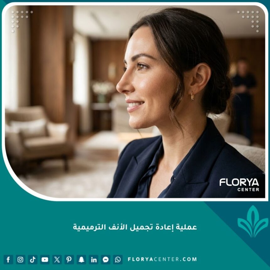 امرأة تتمتع بملامح متناسقة وأنف مثالي وطبيعي بعد نجاح عملية إعادة تجميل الأنف الترميمية.