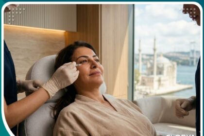 صورة سينمائية لامرأة تخضع لعملية حقن النانو فات لعلاج الهالات السوداء في عيادة تجميل فخمة في إسطنبول بتركيا.