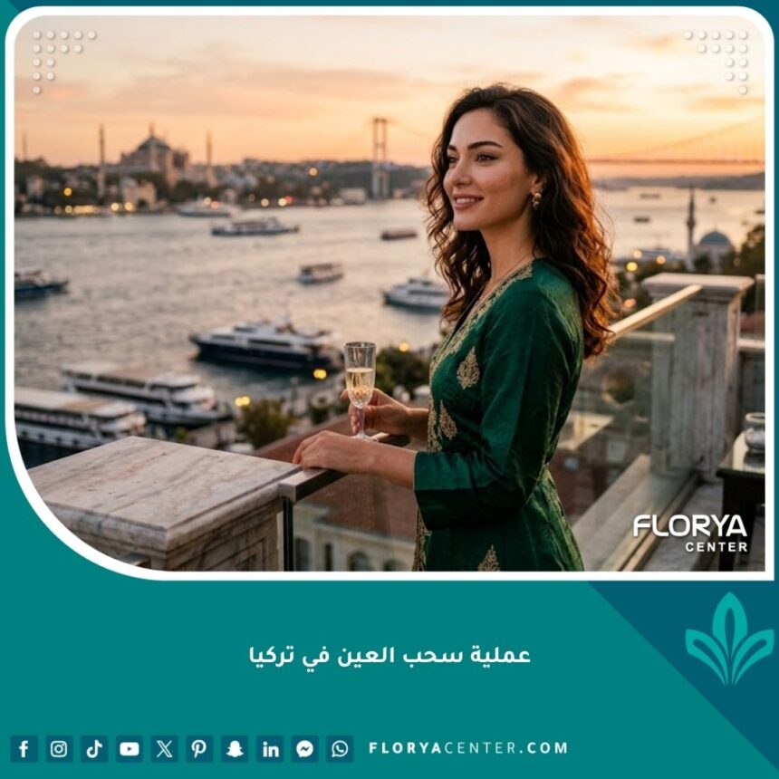 عملية سحب العين في تركيا: وجه جميل لامرأة ذات عيون لوزية مرفوعة (Almond Eyes) تطل على مضيق البوسفور في إسطنبول بعد الجراحة.