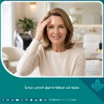 صورة واقعية لامرأة بملامح شبابية وجبهة ناعمة بعد نجاح عملية شد منطقة ما فوق الحاجب جراحياً.