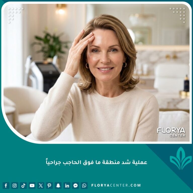 صورة واقعية لامرأة بملامح شبابية وجبهة ناعمة بعد نجاح عملية شد منطقة ما فوق الحاجب جراحياً.
