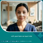صورة واقعية لامرأة تضع جبيرة الأنف بعد عملية تجميل الأنف لتثبيت العظام والحماية.