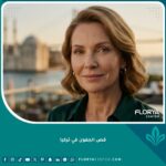 صورة احترافية تظهر نتيجة عملية قص الجفون في تركيا لامرأة بعيون نضرة ومظهر طبيعي، مع خلفية ناعمة لمدينة اسطنبول.