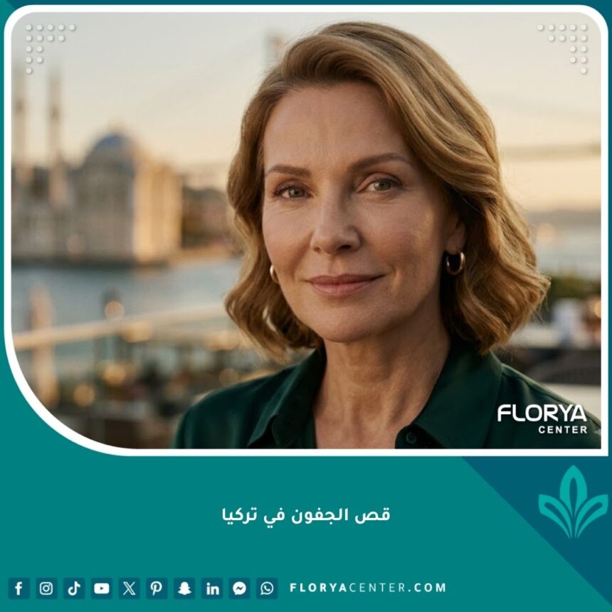 صورة احترافية تظهر نتيجة عملية قص الجفون في تركيا لامرأة بعيون نضرة ومظهر طبيعي، مع خلفية ناعمة لمدينة اسطنبول.