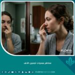 صورة مقربة لمريضة تفكر أمام المرآة قبل الجراحة، تعكس القلق من مخاطر عمليات تجميل الأنف ومضاعفاتها المحتملة.