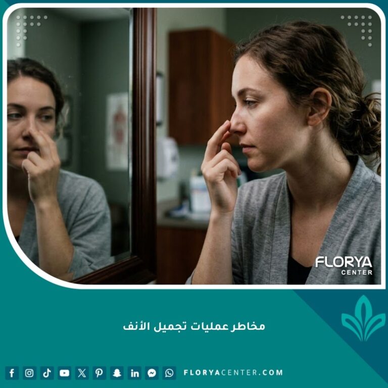 صورة مقربة لمريضة تفكر أمام المرآة قبل الجراحة، تعكس القلق من مخاطر عمليات تجميل الأنف ومضاعفاتها المحتملة.