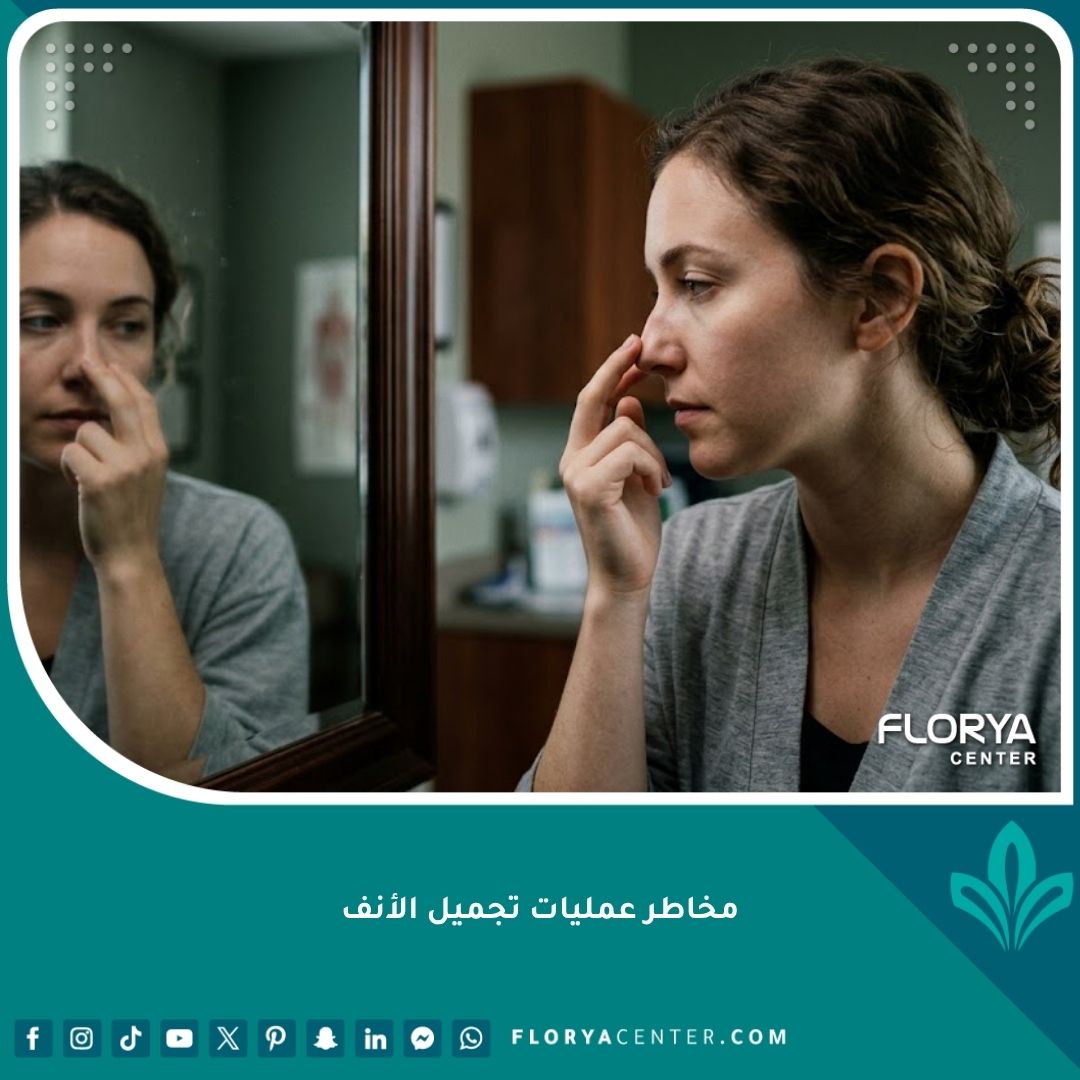 صورة مقربة لمريضة تفكر أمام المرآة قبل الجراحة، تعكس القلق من مخاطر عمليات تجميل الأنف ومضاعفاتها المحتملة.