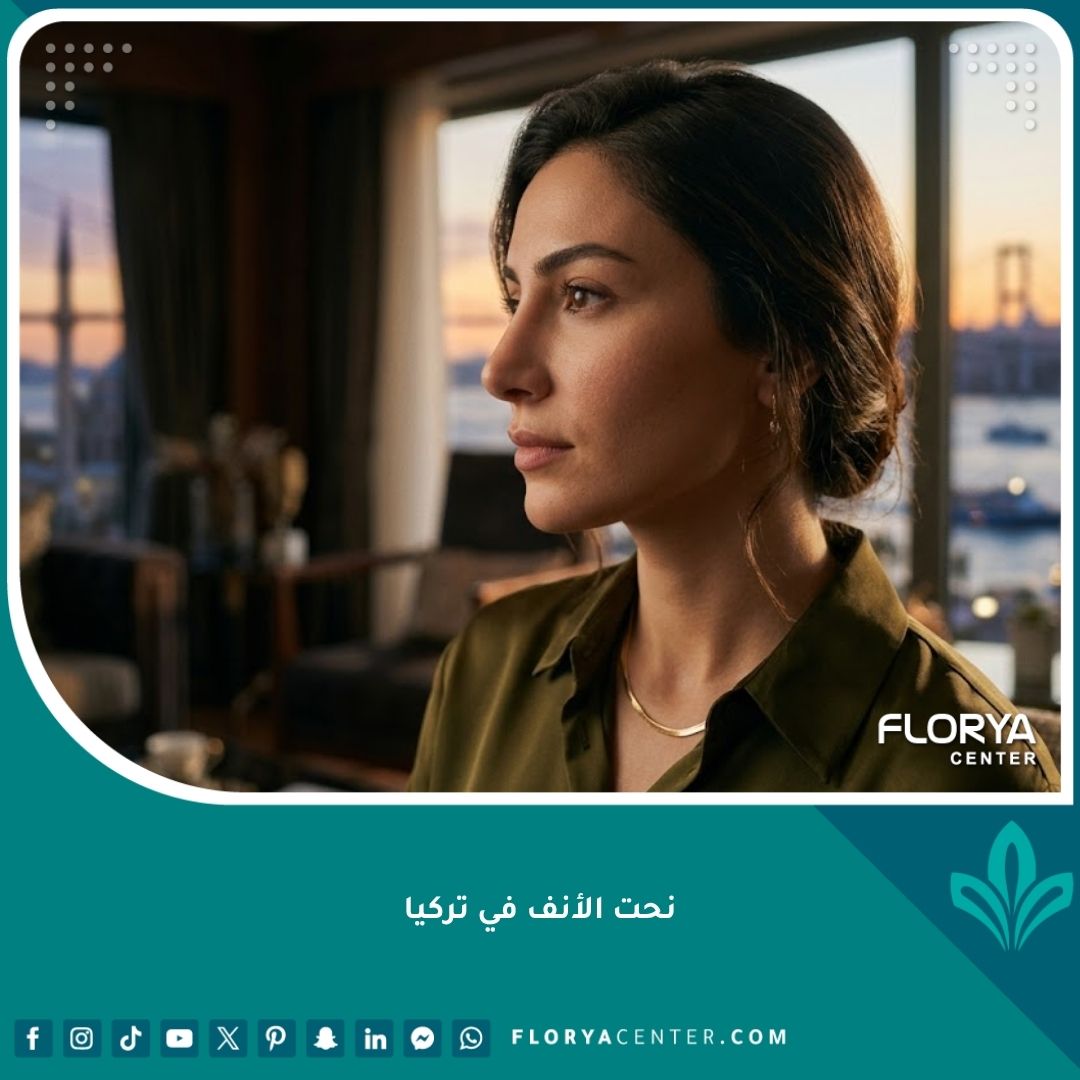 نتيجة عملية نحت الأنف في تركيا لامرأة عربية تحلم بأنف مرسوم بدقة وحواف واضحة، مع إطلالة خلفية على البوسفور في إسطنبول.