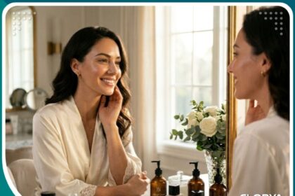 صورة واقعية لامرأة سعيدة وواثقة تنظر في المرآة بعد عملية تجميل الأنف، تعكس الراحة ونسبة نجاح عمليات تجميل الأنف العالية.