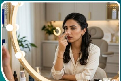 امرأة تنظر بقلق في المرآة بعد جراحة أنف، تعبير عن أهم أسباب فشل عملية تجميل الأنف.