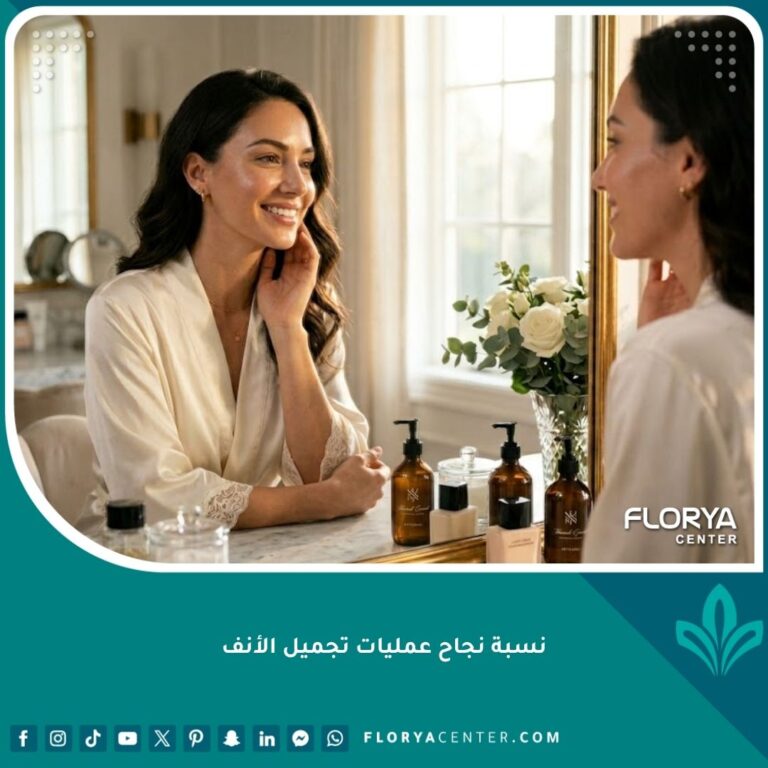 صورة واقعية لامرأة سعيدة وواثقة تنظر في المرآة بعد عملية تجميل الأنف، تعكس الراحة ونسبة نجاح عمليات تجميل الأنف العالية.