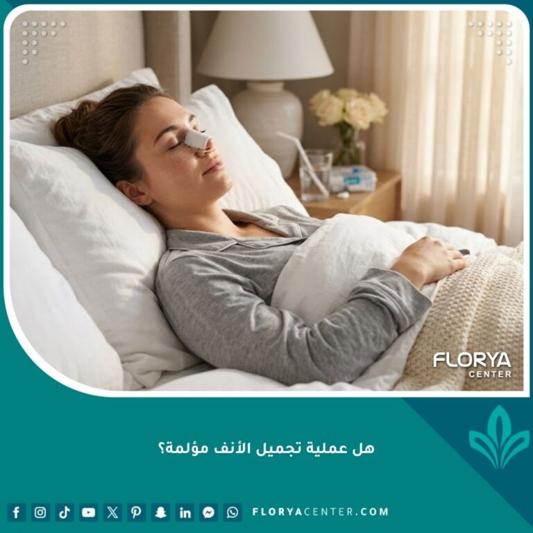 مريضة تبدو مرتاحة وهادئة بعد الجراحة، للإجابة على تساؤل هل عملية تجميل الأنف مؤلمة ومدى سهولة فترة التعافي.