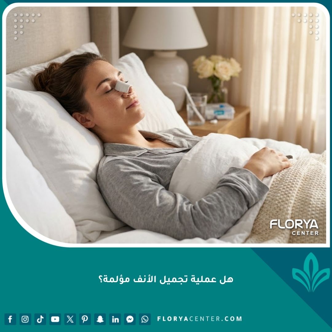 مريضة تبدو مرتاحة وهادئة بعد الجراحة، للإجابة على تساؤل هل عملية تجميل الأنف مؤلمة ومدى سهولة فترة التعافي.