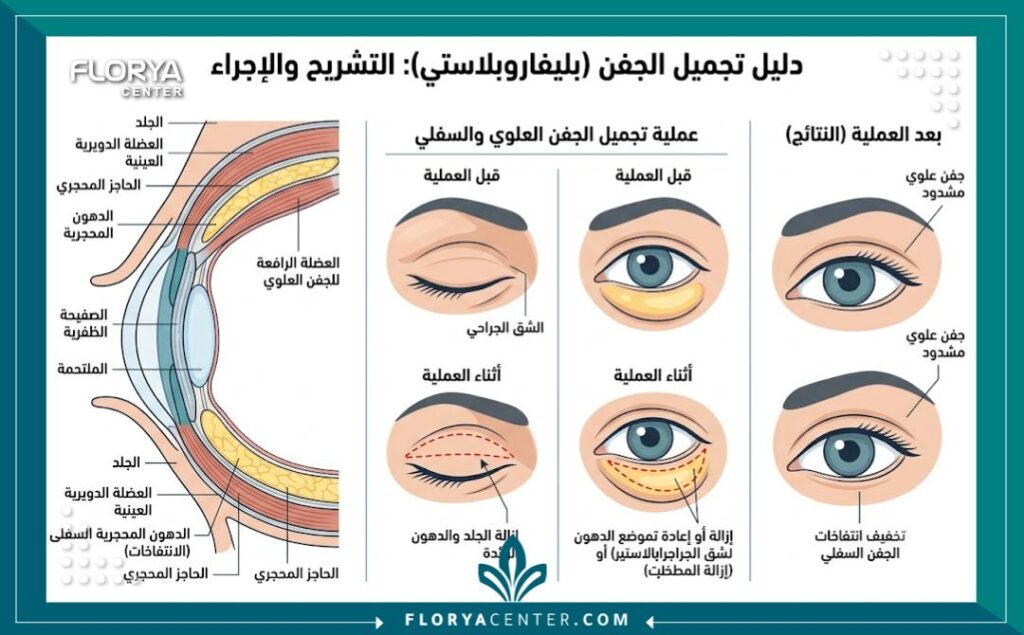 رسم تخطيطي طبي يوضح خطوات عملية شد الجفون العلوية والسفلية بالتفصيل