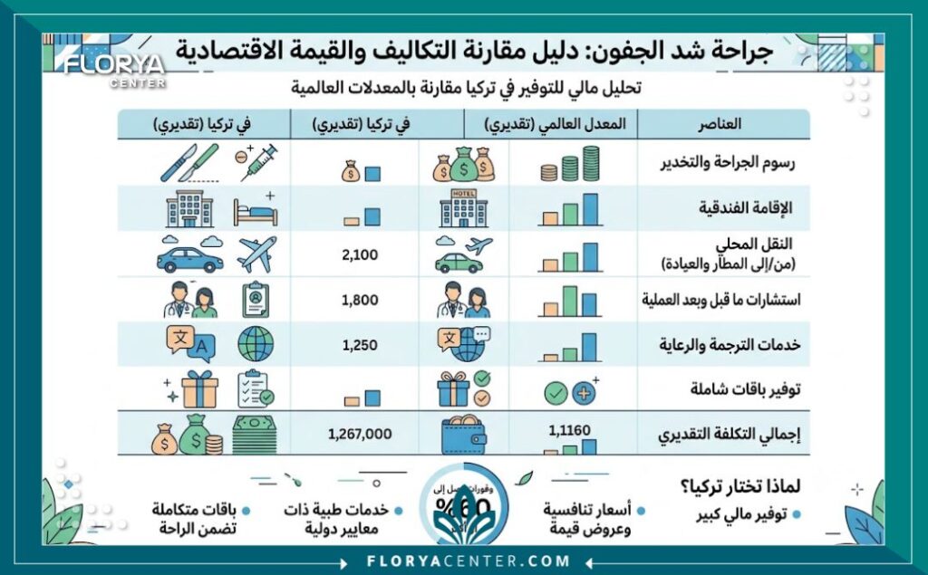 إنفوجرافيك يقارن تكلفة أرخص عيادة شد جفون في تركيا لتوضيح أسعار أرخص عيادة .
