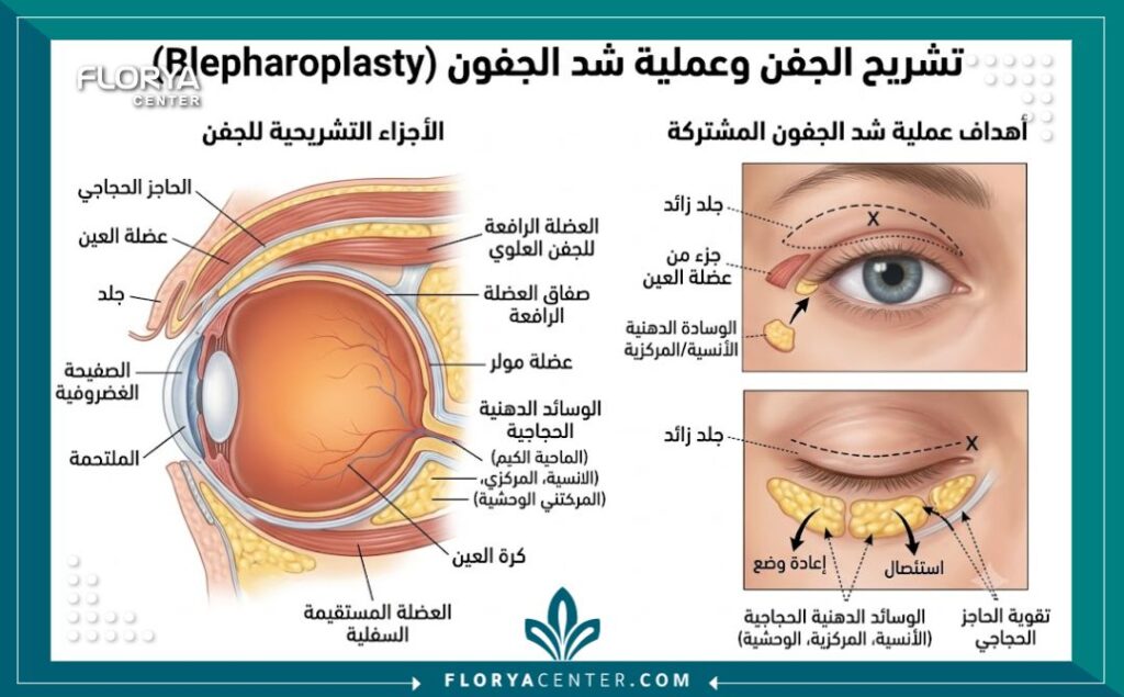 رسم تخطيطي طبي يوضح تشريح الجفن العلوي والسفلي والمناطق المستهدفة في عملية شد الأجفان