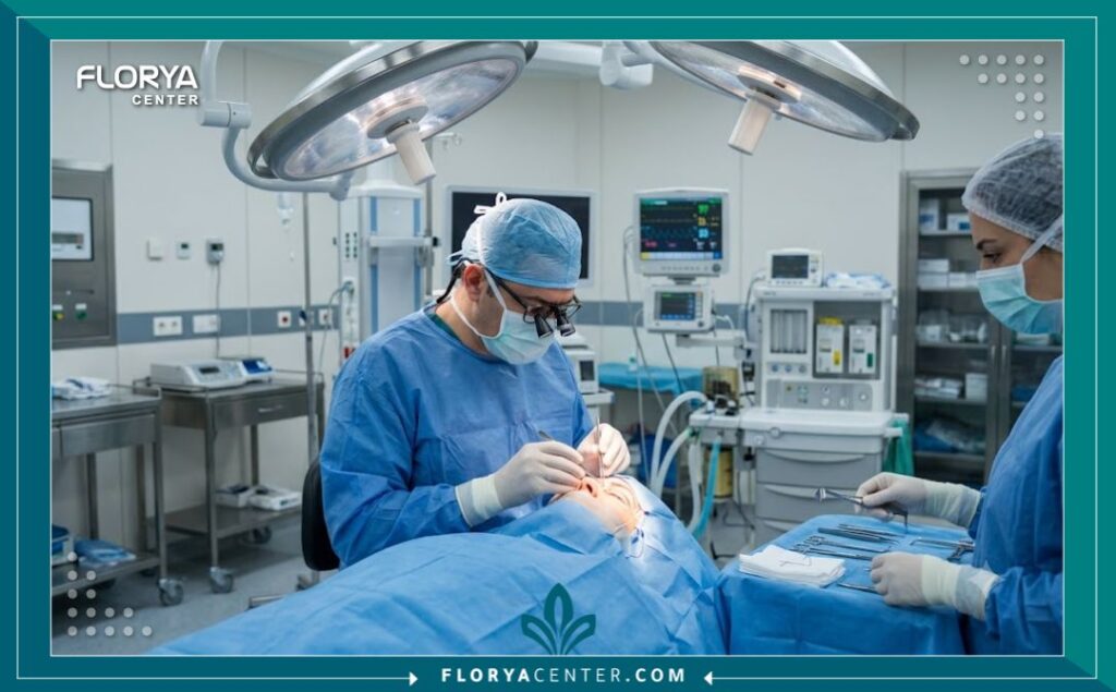طبيب تجميل يجري عملية شد الأجفان الكاملة في غرفة عمليات معقمة واحترافية في اسطنبول