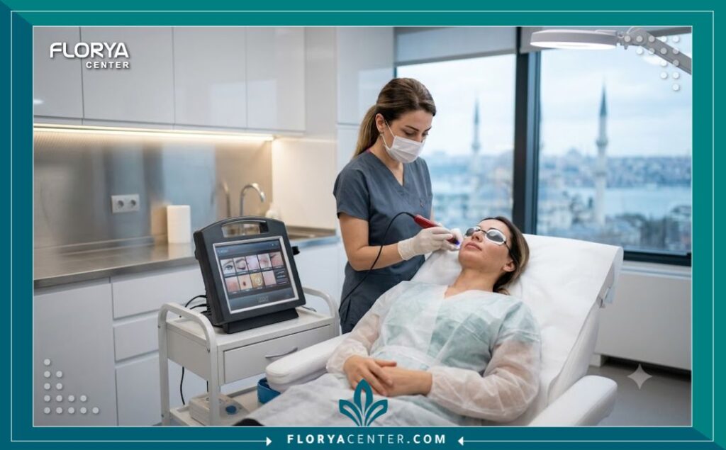 لقطة واقعية لغرفة إجراءات طبية نظيفة ومعقمة في مركز تجميل في إسطنبول بتركيا، تُظهر طبيبة تستخدم جهاز ليزر لشد الجفون مع مريضة.