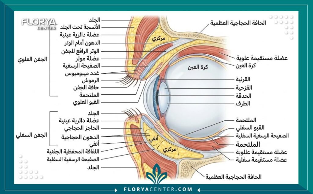 رسم توضيحي طبي لتشريح الجفون العلوية والسفلية، يوضح الهياكل المستهدفة في عملية شد الجفون. شرح تشريحي لعمليات تجميل الجفون في تركيا.