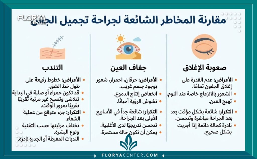 إنفوجرافيك طبي يقارن بين أبرز أضرار عملية شد الجفون مثل جفاف العين، التندب، وصعوبة الإغلاق، مع أيقونات توضيحية.