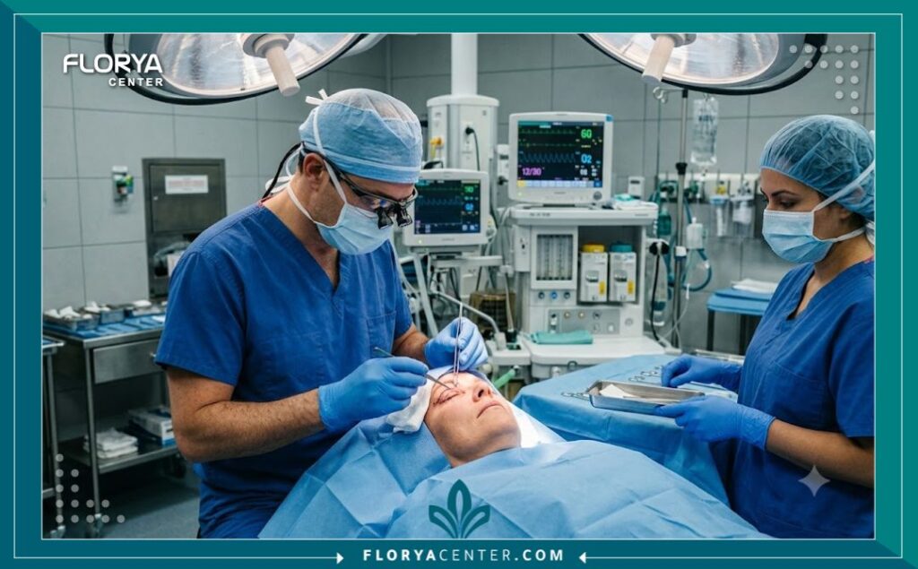 لقطة واقعية من داخل غرفة العمليات تظهر طبيب تجميل يفحص جفون مريض بعناية بعد الجراحة، توضح البيئة المهنية لمتابعة أضرار عملية شد الجفون.