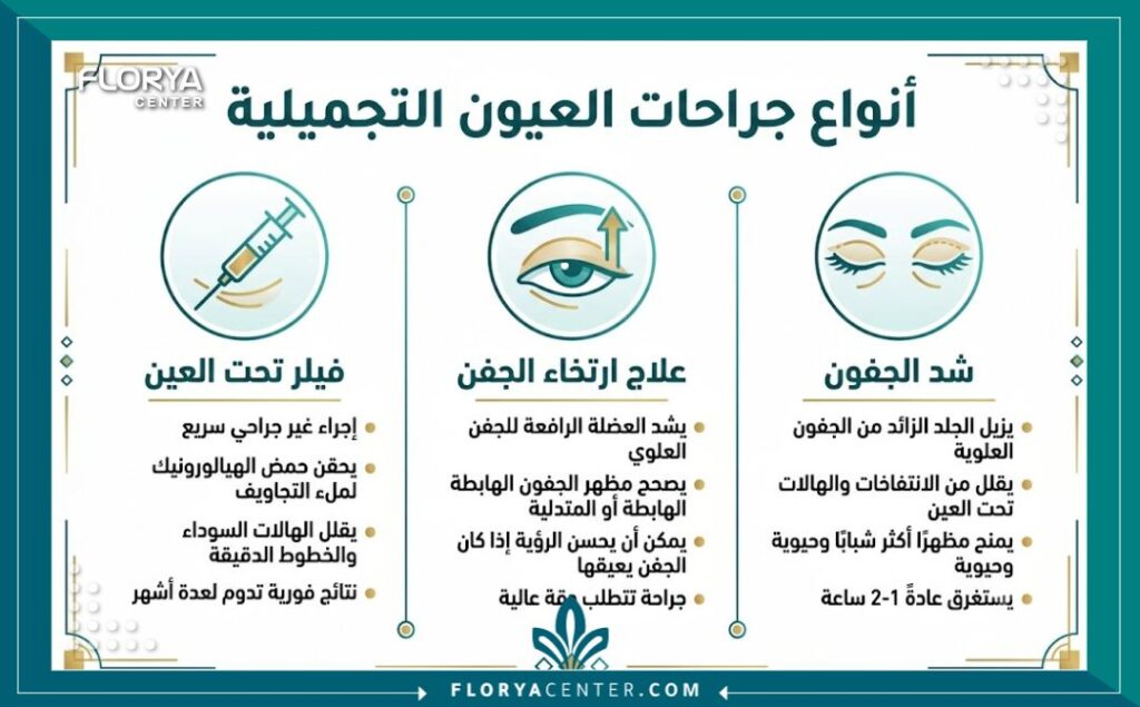 أطباء جراحة العيون التجميلية في تركيا 3 إنفوجرافيك يوضح أنواع جراحات العيون التجميلية المختلفة في تركيا مثل شد الجفون وعلاج الارتخاء.