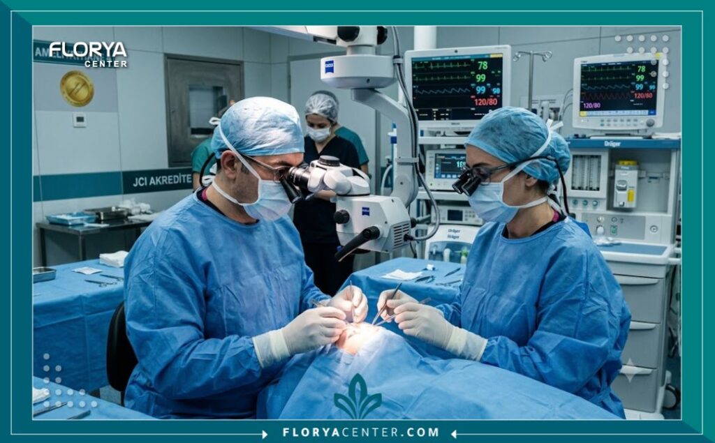 أطباء جراحة العيون التجميلية في تركيا 4 جراحو عيون تجميليون خبراء يجرون عملية دقيقة في غرفة عمليات معقمة ومجهزة بأحدث التقنيات في تركيا.