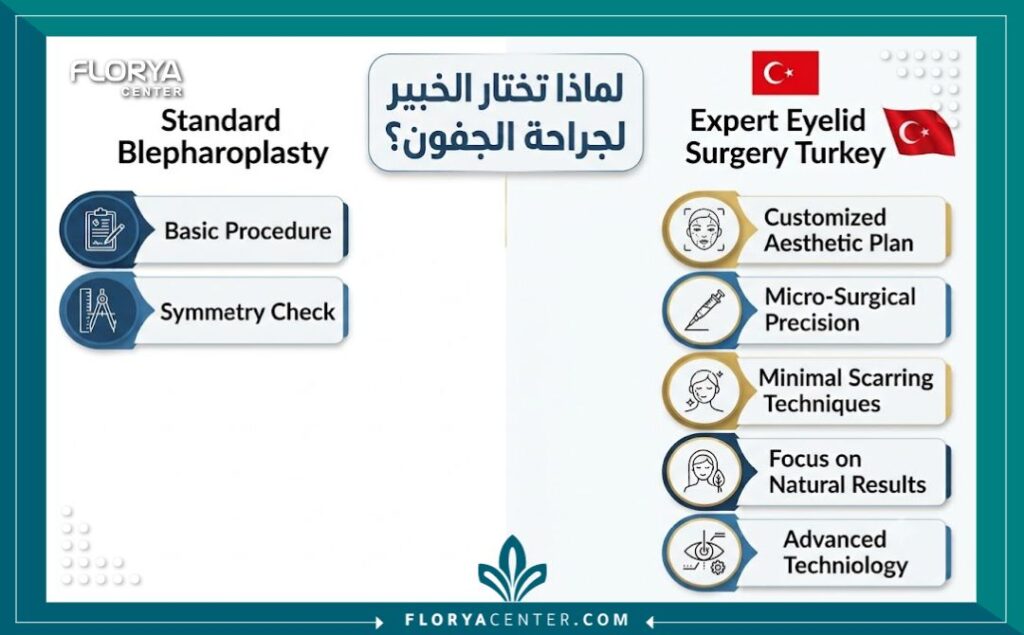 مخطط إنفوجرافيك للمقارنة بين جراحة الجفون القياسية والنهج الخبير في تركيا، يسلط الضوء على الدقة والنتائج الطبيعية.