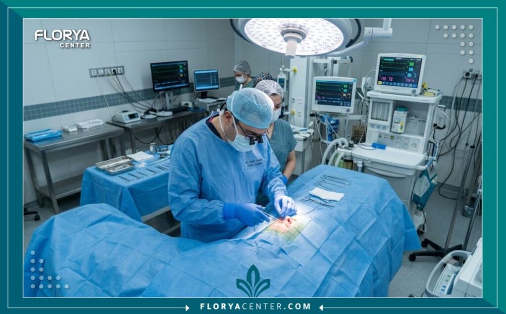 لقطة واقعية لغرفة عمليات معقمة ومتطورة في إسطنبول، حيث يجري جراح تجميل ماهر عملية جراحية للجفن مع فريقه.