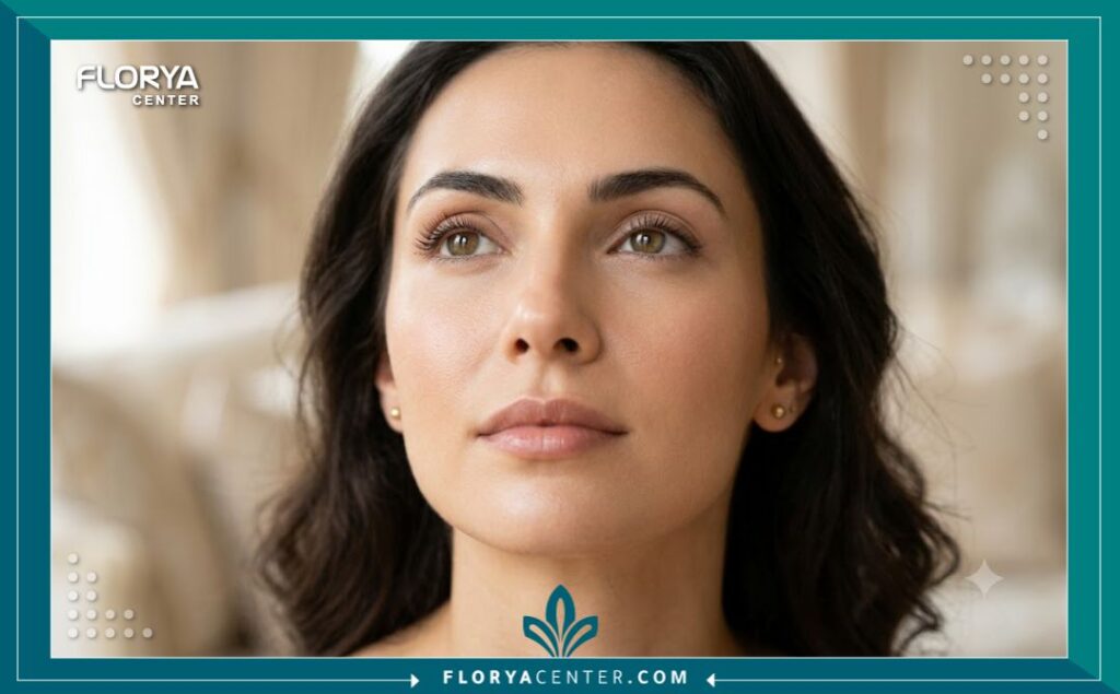 لقطة مقربة جمالية فائقة الواقعية تركز على وجه عارضة، مبرزةً جفونها العلوية الملساء والمرفوعة بعد عملية التجميل، مما يعكس مظهراً مشرقاً وشاباً ونظرة أكثر حيوية.