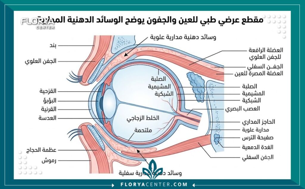 رسم توضيحي طبي يوضح التشريح الدقيق لأماكن تجمع الدهون الحجاجية في الجفون العلوية والسفلية.