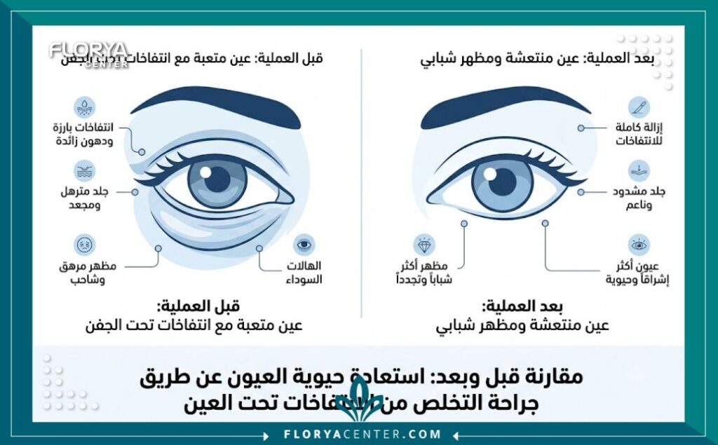 إنفوجرافيك يوضح الفرق والنتائج قبل وبعد الاستئصال الجراحي لأكياس العين السفلية.