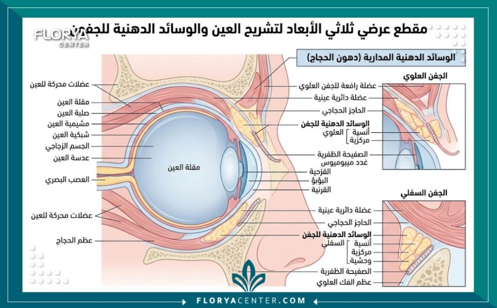 إزالة تجمعات الدهون بالجفن 2 رسم تشريحي طبي يوضح أماكن تجمعات الدهون بالجفن العلوي والسفلي التي تسبب الأكياس البارزة والانتفاخات.