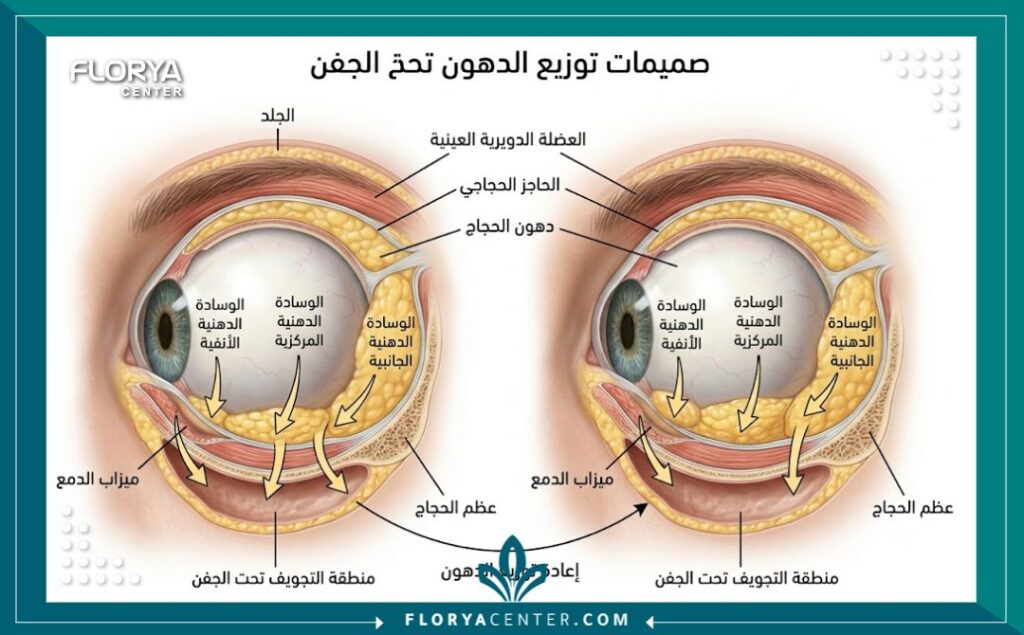 مخطط طبي يوضح تشريح الجفن السفلي وكيفية نقل الدهون لعلاج الهالات الغائرة بدلاً من إزالتها.