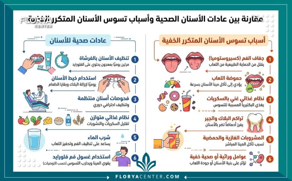 إنفوجرافيك يشرح أهم اسباب تسوس الاسنان المستمر مثل جفاف الفم، حموضة اللعاب، والنظام الغذائي.